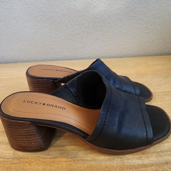Lucky Brand Sandals Womens Size 7 Black Leather Jamira Mule Slide Block Heel - Picture 1 of 12